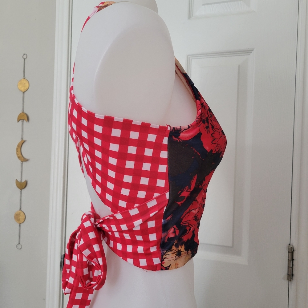 Lime Ricki Watercolor Crossback Tankini Top S NWT Red Floral X Gingham - Picture 7 of 13